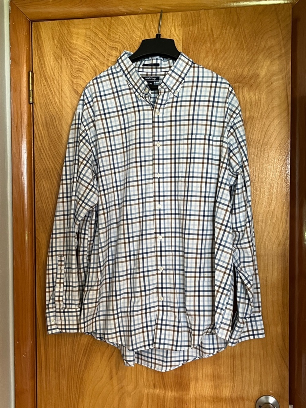 Lands' End White Shirt with Blue and Brown Plaid